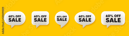 Sale 60 percent off discount. 3d chat speech bubbles set. Promotion price offer sign. Retail badge symbol. Sale talk speech message. Talk box infographics. Vector