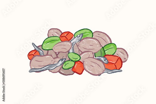 Braised side dish of edamames, dried anchovies carrots, and peanuts in food illustration
