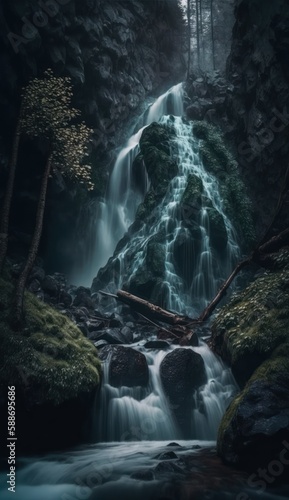 Waterfall cascade in a forest, generative AI