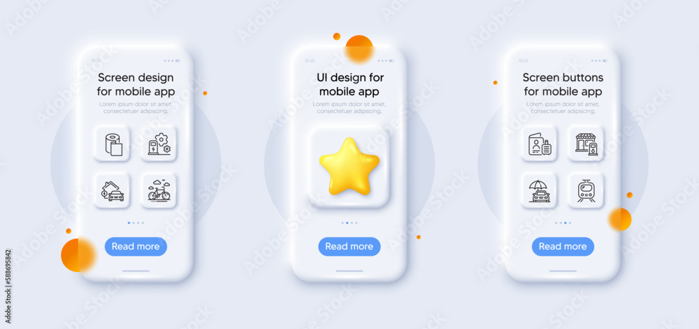 Bike rental, Home charging and Car insurance line icons pack. 3d phone mockups with star. Glass smartphone screen. Charging station, Passport, Train web icon. Vector