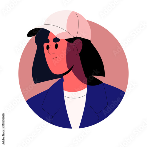 Angry person avatar. Annoyed discontent grumpy character, face portrait in circle. Grumpy gloomy irritated woman. Evil frowning human. Flat graphic vector illustration isolated on white background