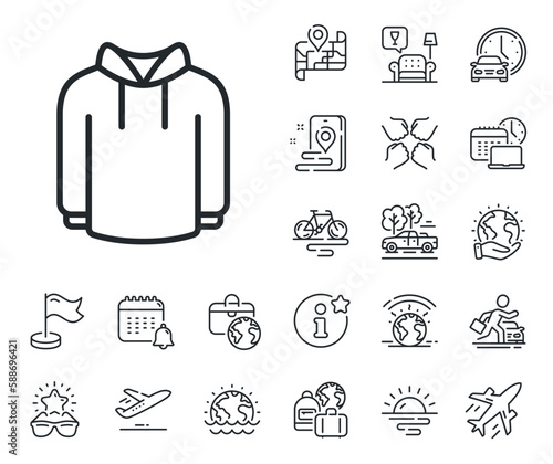 Hoodie wear sign. Plane jet, travel map and baggage claim outline icons. Hoody line icon. Hooded sweatshirt symbol. Hoody line sign. Car rental, taxi transport icon. Place location. Vector