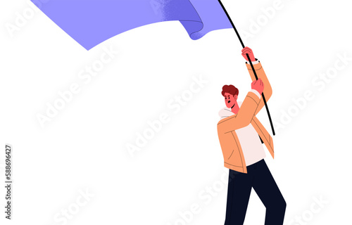 Angry activist protesting at picket, holding flag banner in hand. Protester leader at street rebellion, revolution for human rights. Flat graphic vector illustration isolated on white background