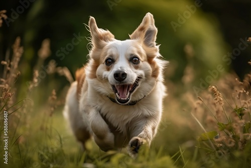 Running Free. Close up Cute Pet Dog Having Fun in a Meadow on blur background