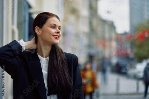 Fashion woman smile spring walking in the city in stylish clothes with red, travel, cinematic color, retro vintage style, urban fashion lifestyle.