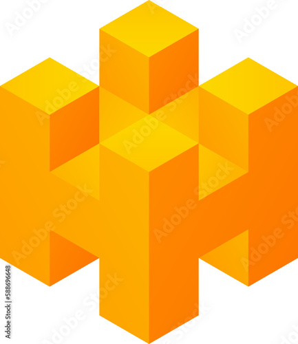 3d cube of h letter. 3d alphabet block of cube. Vector illustration of orange block cubes. 3d illusion of geometric for logo, design or art. Perspective illusion shape illustration