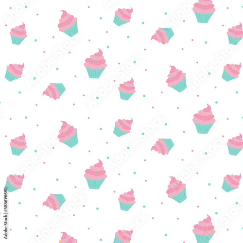 Seamless pattern with delicious cupcakes in pastel colors. Vector. For packaging, background, decoration. 
