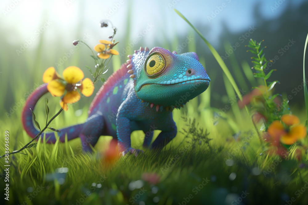 Colorful chameleon enjoying the flower garden scenery Colorful chameleon enjoying the flower garden scenery