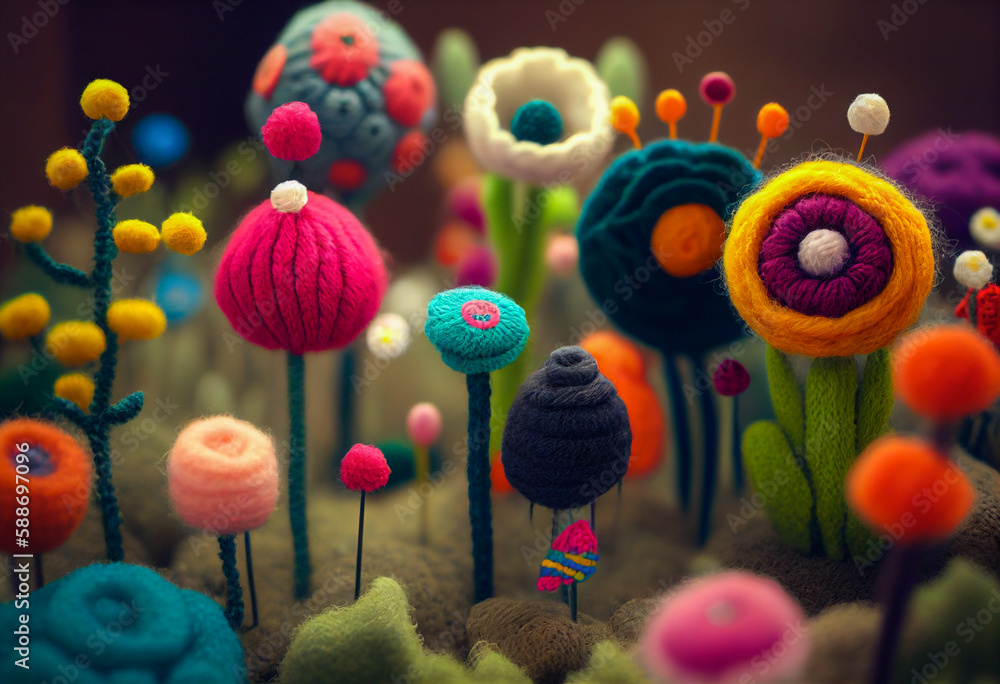 Fairytale colorful woolen garden created by Generative AI.