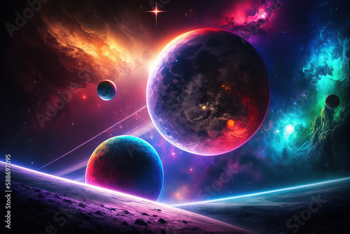 Planets in space. Fantasy galaxy generative AI background