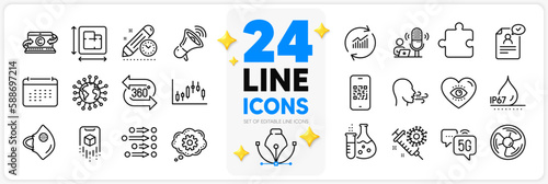 Icons set of Augmented reality, Chemistry flask and Copywriting notebook line icons pack for app with Order, Waterproof, Puzzle thin outline icon. Coronavirus, Breathing exercise. Vector