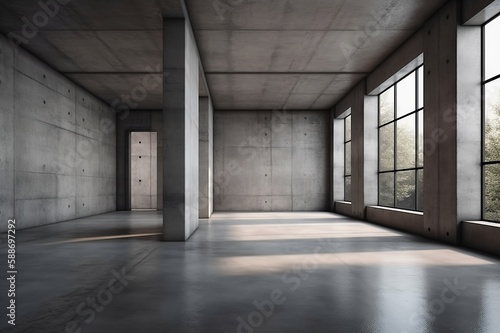Contemporary Concrete Space with Open Layout and Nature Views, Mockup, AI Generated © MatinosPhoto