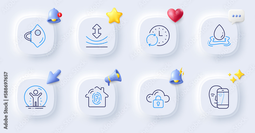 Medical mask, Resilience and Water splash line icons. Buttons with 3d bell, chat speech, cursor. Pack of Face biometrics, Update time, Recovered person icon. Vector Medical mask, Resilience and Water splash line icons. Buttons with 3d bell, chat speech, cursor. Pack of Face biometrics, Update time, Recovered person icon. Vector