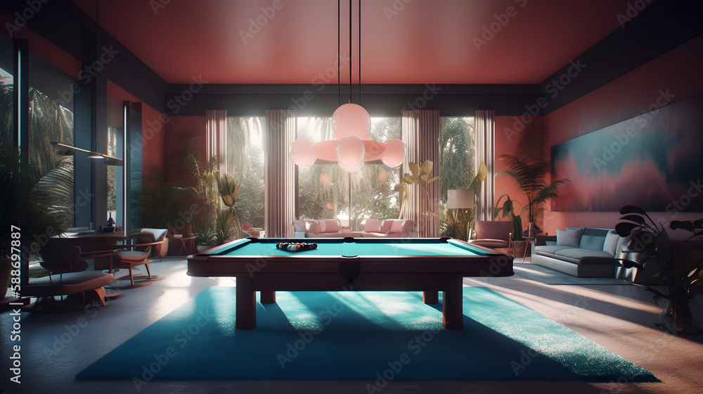 internal design with pool table in a amazing penthouse living room, 3d render, generative ai