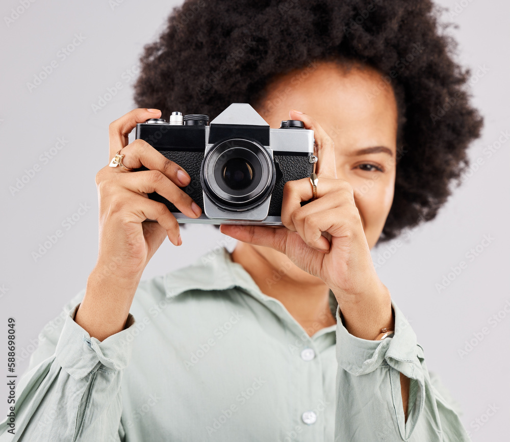 Portrait, camera photographer and black woman in studio isolated on a white background. Photography, professional and person or female ready to start filming, photoshoot or taking paparazzi picture. Portrait, camera photographer and black woman in studio isolated on a white background. Photography, professional and person or female ready to start filming, photoshoot or taking paparazzi picture.