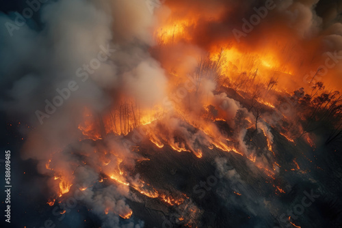 Aerial photography of a massive forest fire in the Canada 2023. Drone top view of wildfire with smoke and burning trees. Ecological catastrophe. 6K high resolution image. Generative AI