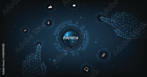 Concept of Financial technology,banking and money transaction.Icon Fintech and things on dark blue technology background.	