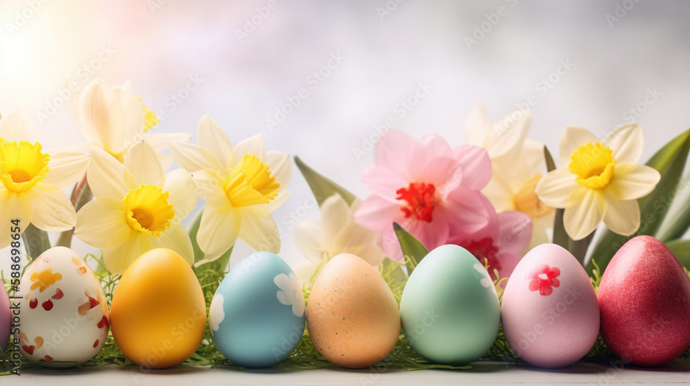 A festive Easter banner with a row of colorful eggs and spring flowers using a panoramic aspect ratio and natural light