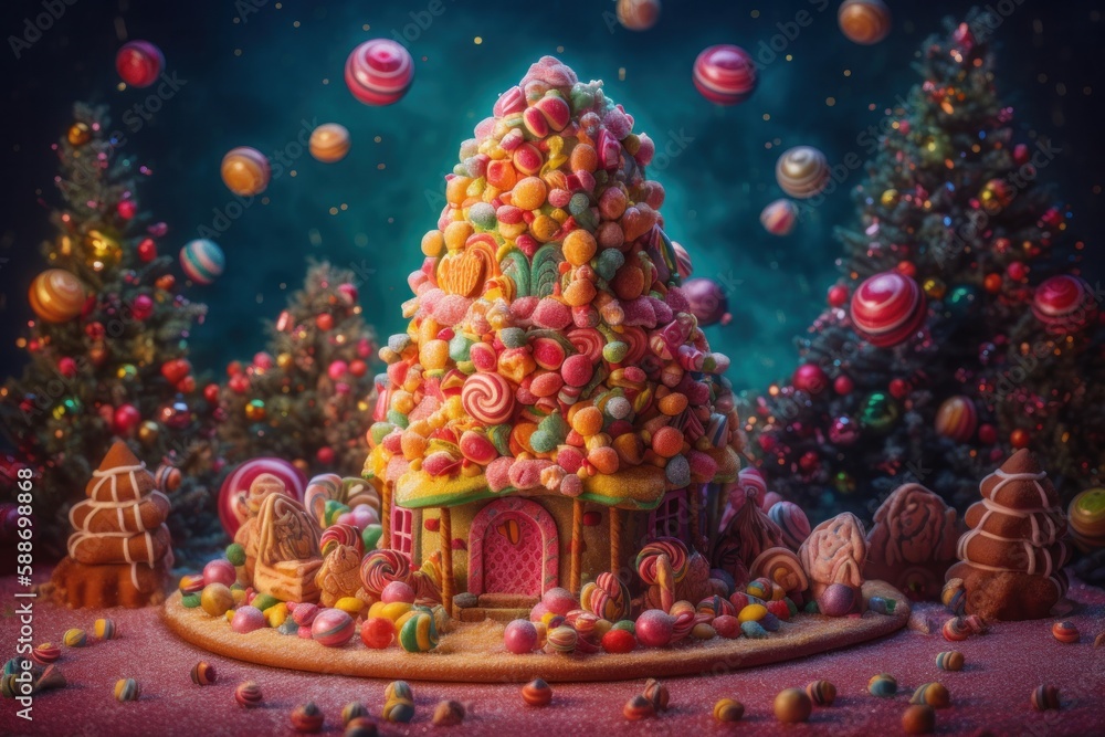 Photo of a festive Christmas tree made entirely of colorful candies and sweets created with Generative AI technology