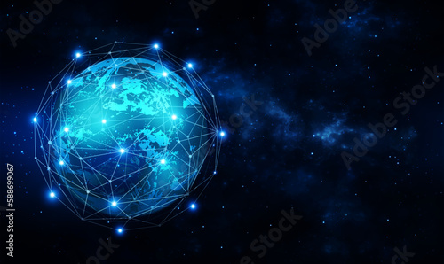 Global network connection covering the earth with lines of innovative perception. Big data. Global business from concepts series. Concept of 5G wireless digital connection and future. Vector EPS10