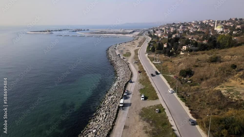 Aerial view of a road on the coastline Aerial view of a road on the coastline