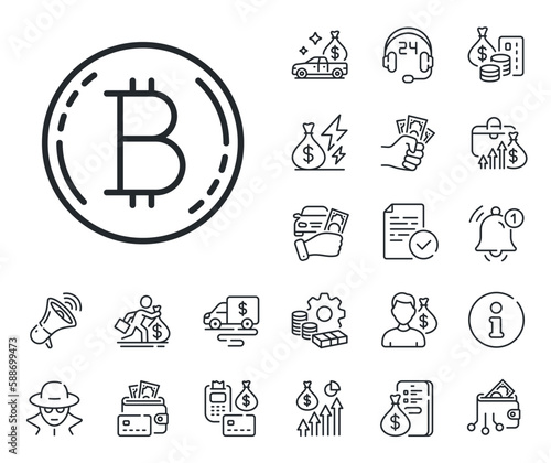 Cryptocurrency coin sign. Cash money, loan and mortgage outline icons. Bitcoin line icon. Crypto money symbol. Bitcoin line sign. Credit card, crypto wallet icon. Inflation, job salary. Vector