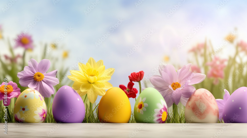 A festive Easter banner with a row of colorful eggs and spring flowers using a panoramic aspect ratio and natural light