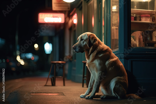 A Labrador Retriever sitting patiently outside a trendy coffee shop, bathed in the warm glow of city lights. Generative AI.