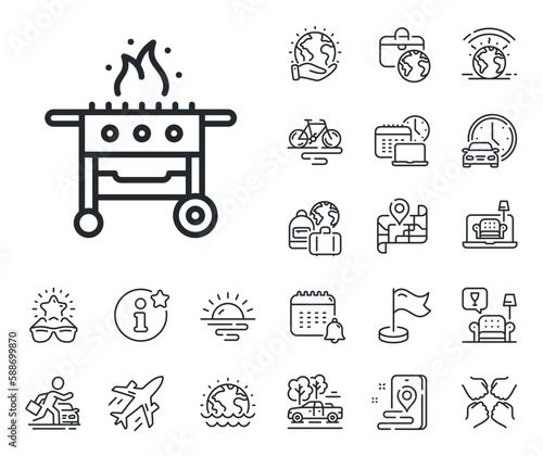 Barbecue cooker for cooking food sign. Plane jet, travel map and baggage claim outline icons. Gas grill line icon. Meat brazier symbol. Gas grill line sign. Car rental, taxi transport icon. Vector