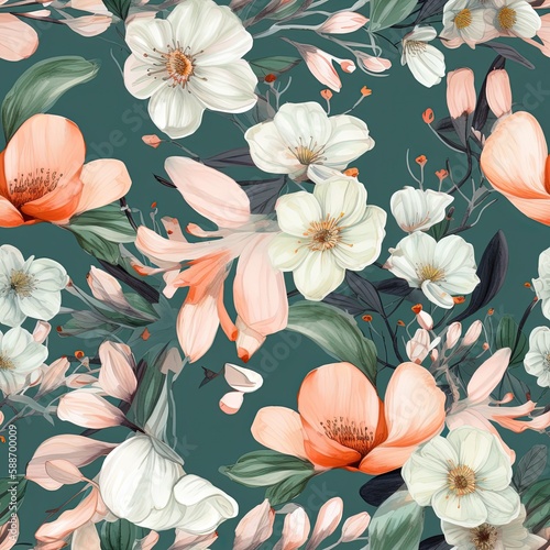spring theme floral designed seamless pattern, ping, white, green, flower, vintage, Generative AI