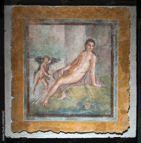 Closeup shot of a wall painting in Pompeii, Italy