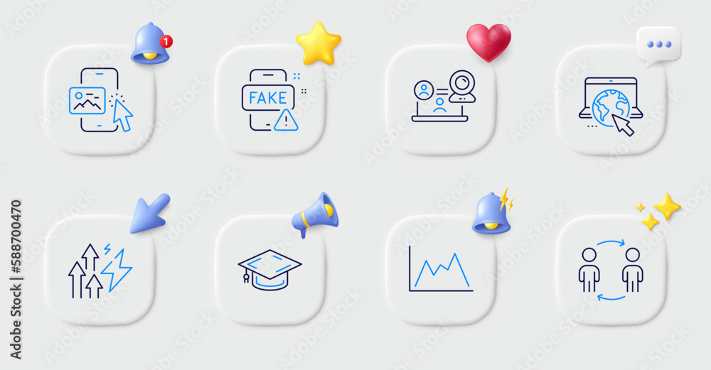 Phone image, Internet and Diagram line icons. Buttons with 3d bell, chat speech, cursor. Pack of Fake news, Workflow, Energy inflation icon. Video conference, Graduation cap pictogram. Vector Phone image, Internet and Diagram line icons. Buttons with 3d bell, chat speech, cursor. Pack of Fake news, Workflow, Energy inflation icon. Video conference, Graduation cap pictogram. Vector