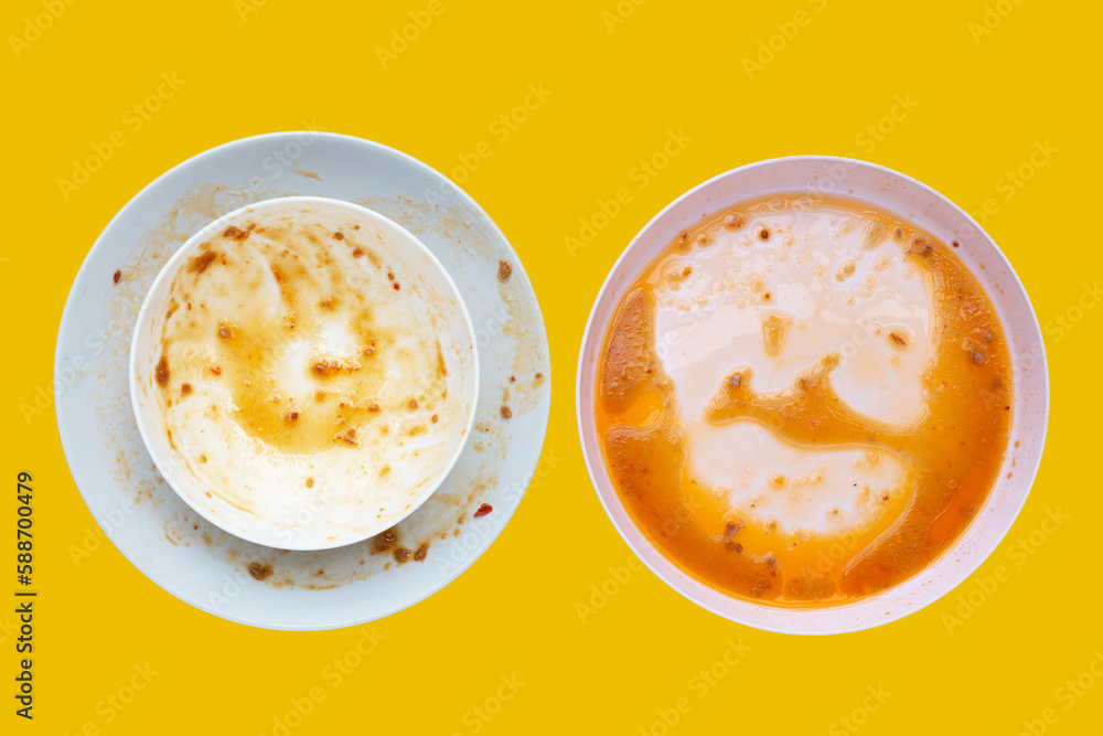 Dirty dishes on yellow background. Top view Dirty dishes on yellow background. Top view