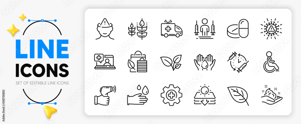 Mental health, Medicine and Wash hands line icons set for app include Bio shopping, Disability, Coronavirus injections outline thin icon. Gluten free, Skin care, Medical drugs pictogram icon. Vector