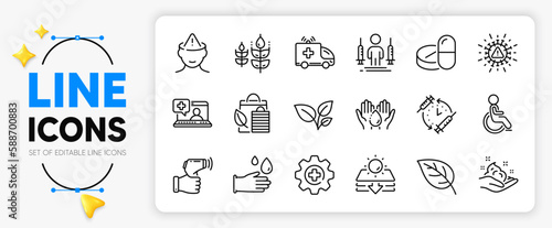 Mental health, Medicine and Wash hands line icons set for app include Bio shopping, Disability, Coronavirus injections outline thin icon. Gluten free, Skin care, Medical drugs pictogram icon. Vector