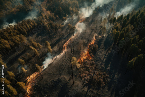 Aerial photography of a massive forest fire. Drone top view of wildfire with smoke and burning trees from the height of a bird flight. Ecological catastrophe. 6K high resolution image. Generative AI © Sheremetio