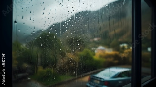 Rain drops on the window  mountain view in the background