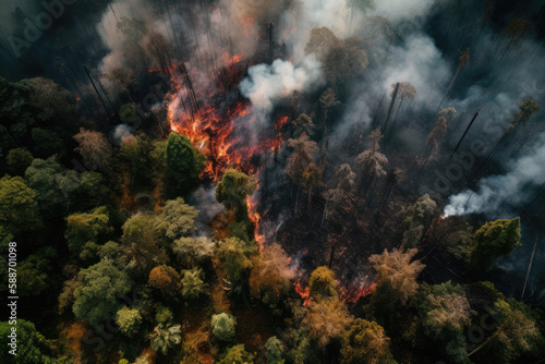 Aerial photography of a massive forest fire in Russia, Yekaterinburg, Tyumen, 2023. Drone top view of wildfire with smoke and burning trees. Ecological catastrophe. 6K high resolution. Generative AI