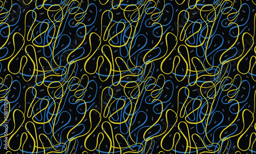 Abstract background with curved lines in blue and yellow colors on a black background