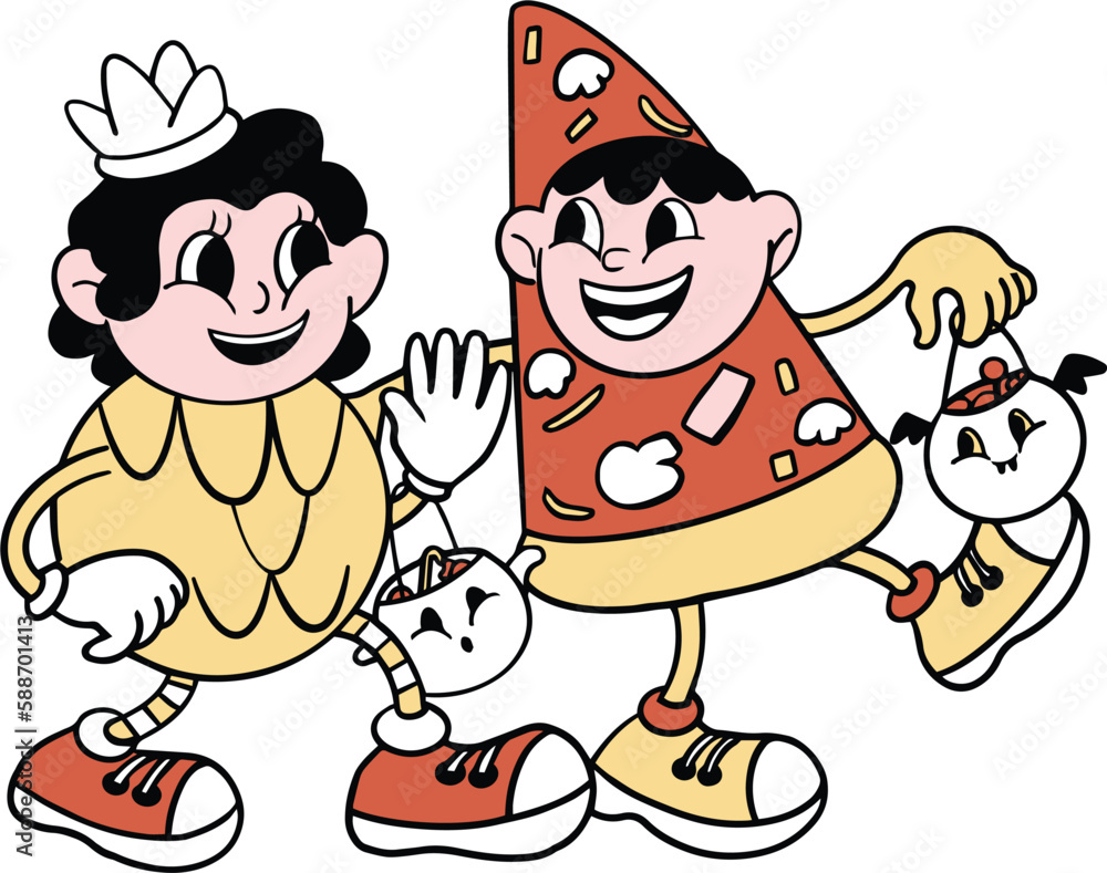 cute cartoon kids eating pizza, vector illustration. Sticker