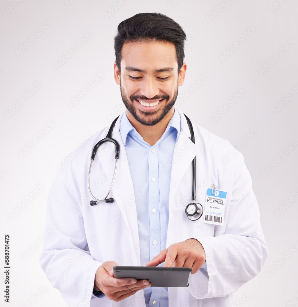 Happy asian man, doctor and tablet in healthcare research, Telehealth or communication against a white studio background. Male medical professional smiling on touchscreen for good health results Happy asian man, doctor and tablet in healthcare research, Telehealth or communication against a white studio background. Male medical professional smiling on touchscreen for good health results