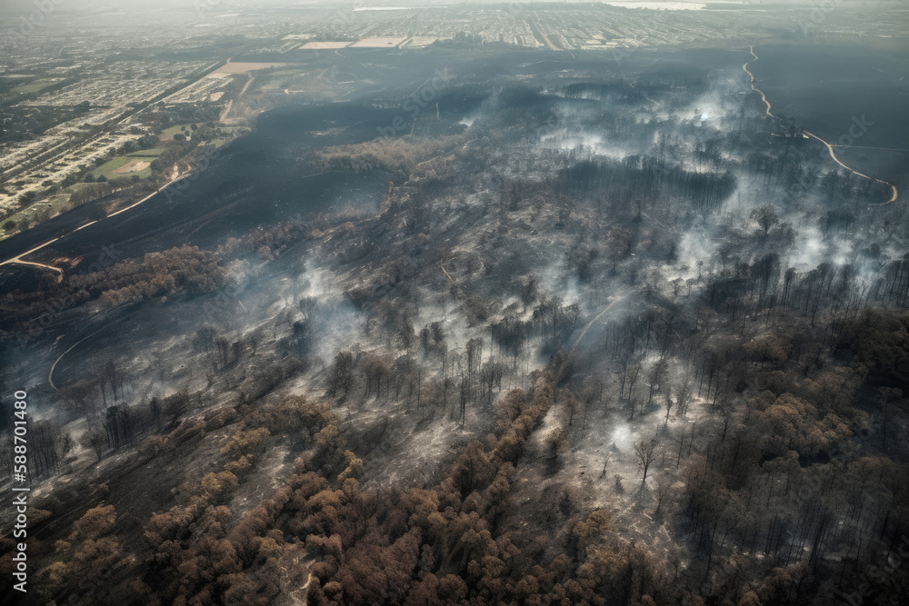 Aerial photography of a massive forest fire. Drone top view of wildfire with smoke and burning trees from the height of a bird flight. Ecological catastrophe. 6K high resolution image. Generative AI