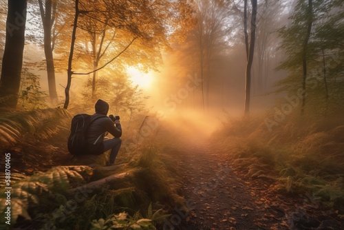 Image of a photographer taking pictures of a woodland waterfall at sunset.