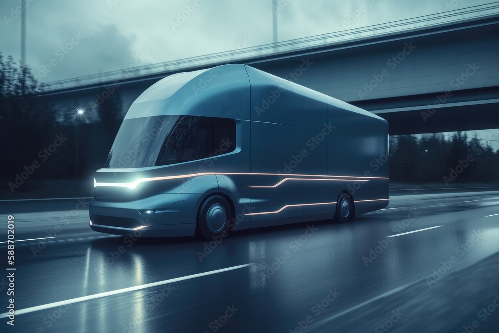 Futuristic Electric Camper on a Freeway - EV Concept Futuristic Electric Camper on a Freeway - EV Concept