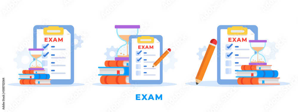 Exam concept with a checklist, books, timer, hourglass, pencil vector illustration set