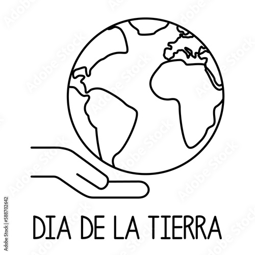 Logo lineal con mapa de la tierra con mano con letras palabra Dia de la Tierra en texto en español