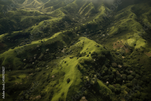 Aerial view of a mountain landscape. Mountains and valleys covered with dense forest and meadows from a bird's eye view. Fantasy landscape. 6K high resolution image. Generative AI