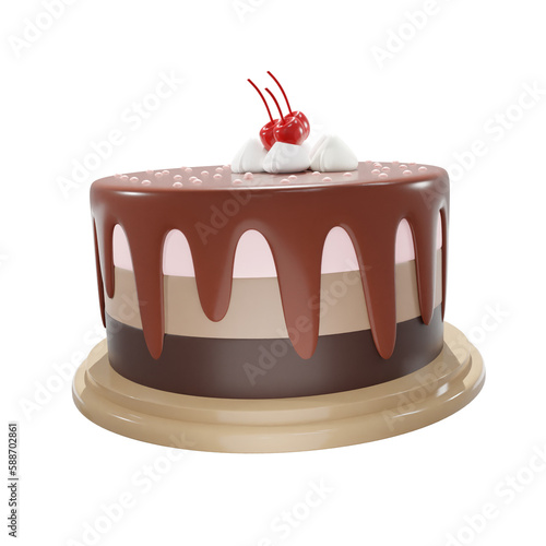 Chocolate cake with red cherry, food, birthday, party, for mockup template, Premium Quality, PNG, decoration,  3d, illustration, view render, hd, alpha background, format, new year