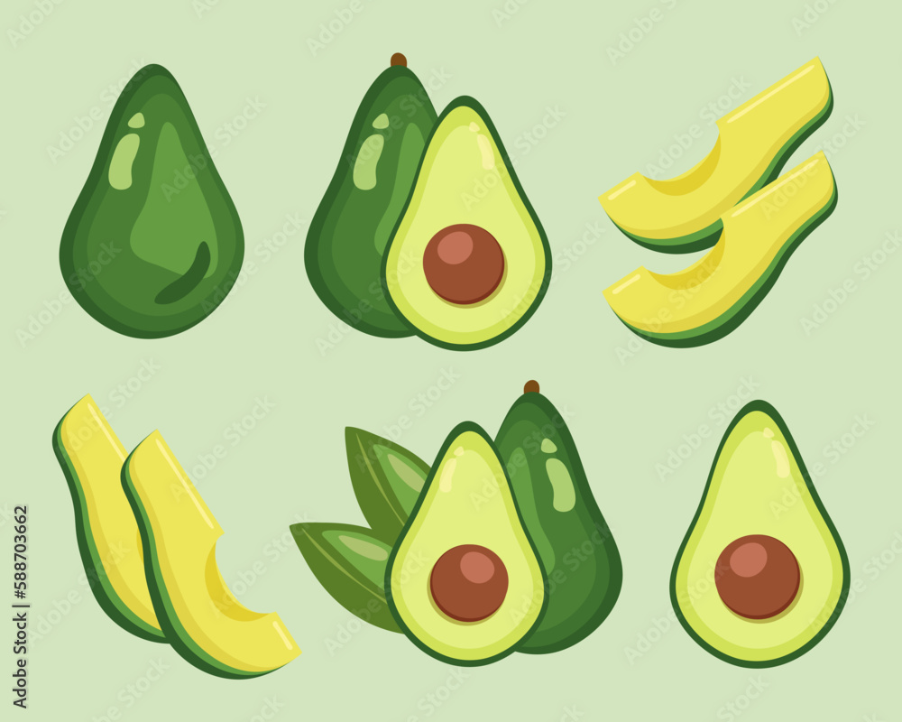 Set of vector fresh avocados with leaves isolated on a green background. Cute cartoon illustration of organic food. Avocado collection Set of vector fresh avocados with leaves isolated on a green background. Cute cartoon illustration of organic food. Avocado collection