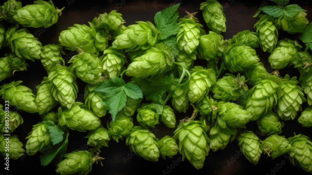 Green hops on background, top view with copy space. Generative AI Green hops on background, top view with copy space. Generative AI
